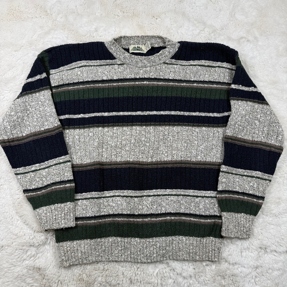 Timber Trail Vintage Sweater Men's Large Green Striped Knit Ribbed Pullover